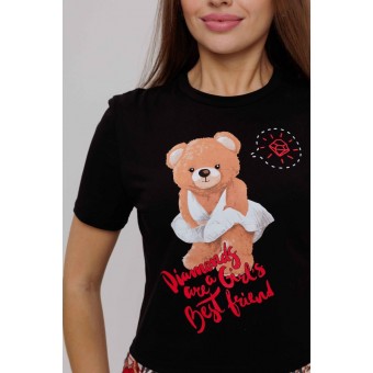 Костюм  женский       из кулирки    футболка с шортами   Красный, Черный  Животные