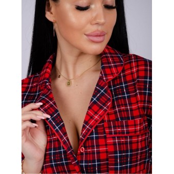 Пижама  женская       из кулирки   на пуговицах рубашка с шортами   красная  Клетка