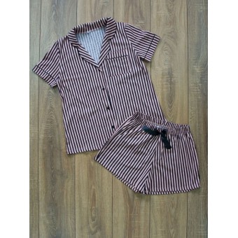 Пижама  женская       из кулирки   на пуговицах рубашка с шортами     Полоска