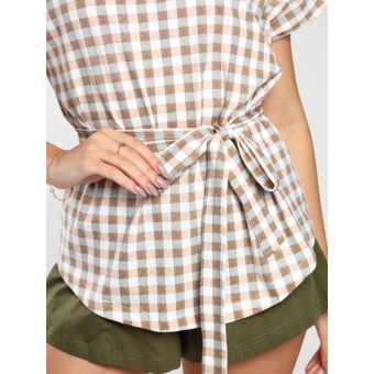 Комплект  женский       из кулирки    рубашка с шортами   хаки  Клетка