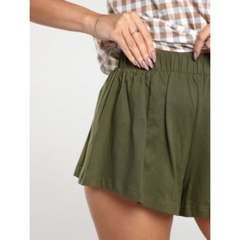 Комплект  женский       из кулирки    рубашка с шортами   хаки  Клетка