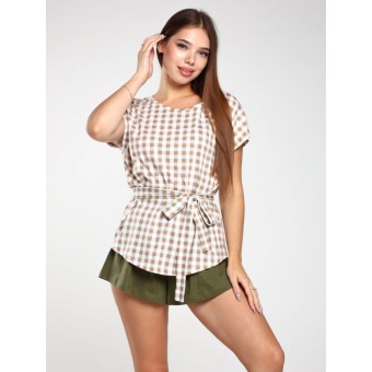 Комплект  женский       из кулирки    рубашка с шортами   хаки  Клетка