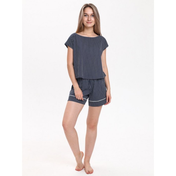 Комплект женский из кулирки футболка с шортами синий Полоска