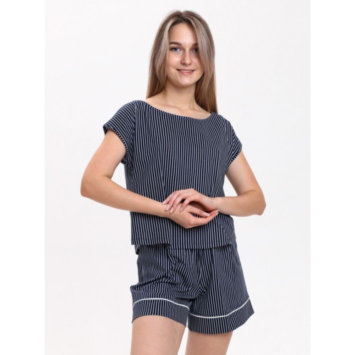 Комплект женский из кулирки футболка с шортами синий Полоска