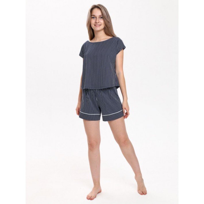 Комплект женский из кулирки футболка с шортами синий Полоска