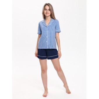 Комплект  женский       из кулирки    рубашка с шортами   синий  Полоска   