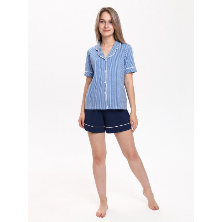 Комплект женский из кулирки рубашка с шортами синий Полоска