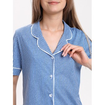 Комплект  женский       из кулирки    рубашка с шортами   синий  Полоска   