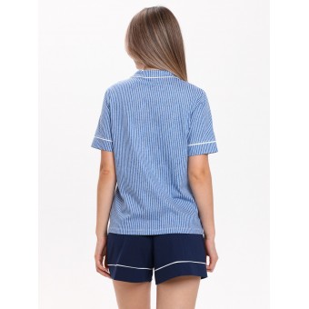 Комплект  женский       из кулирки    рубашка с шортами   синий  Полоска   