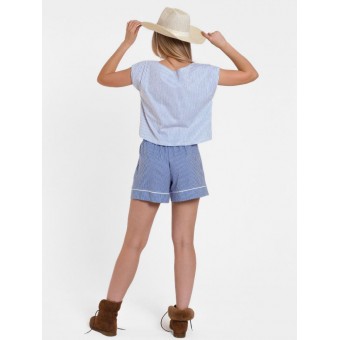 Комплект  женский       из кулирки    футболка с шортами   синий  Полоска   