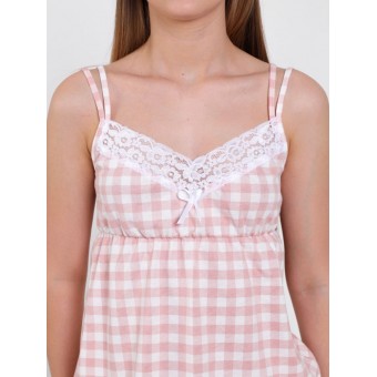 Комплект  женский       из кулирки    рубашка с брюками   розовый  Клетка   