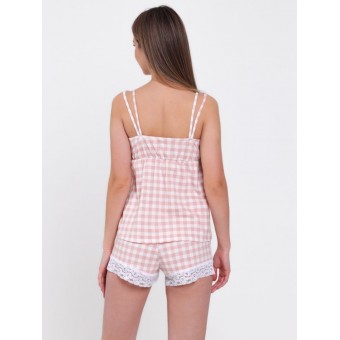 Комплект  женский       из кулирки    рубашка с брюками   розовый  Клетка   