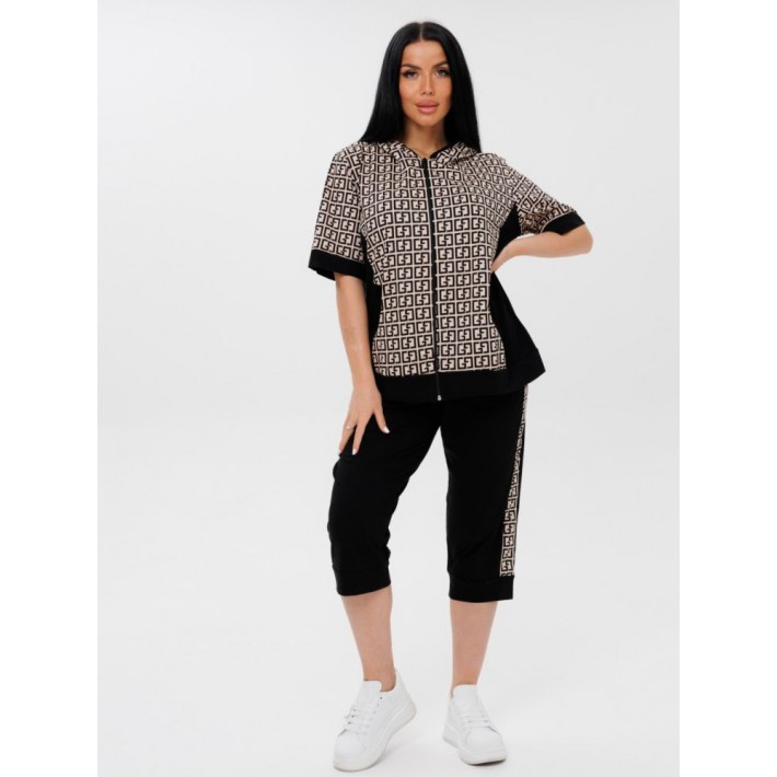 Костюм женский из кулирки кофта с бриджами Бежевый, Черный