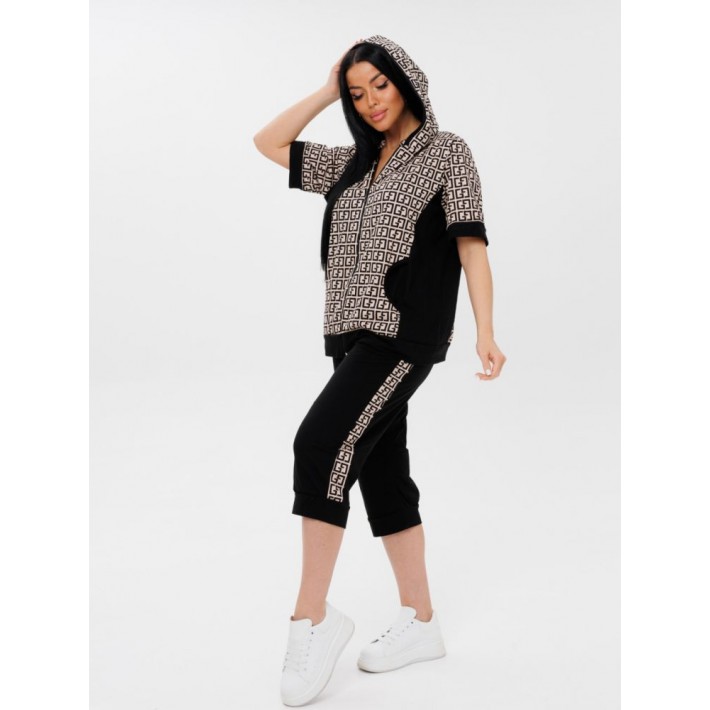 Костюм женский из кулирки кофта с бриджами Бежевый, Черный