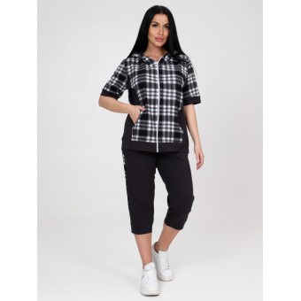 Костюм  женский       из кулирки   на молнии туника с бриджами   Белый, Черный  Клетка