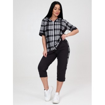 Костюм  женский       из кулирки   на молнии туника с бриджами   Белый, Черный  Клетка