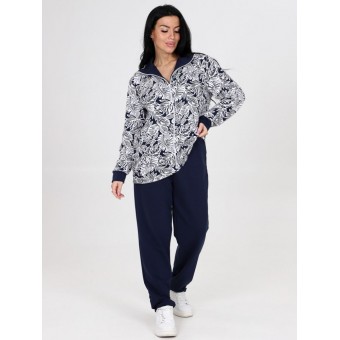 Костюм  женский       из футера    кофта с брюками   Белый, Синий  Листья