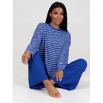Костюм  женский       трикотажный    кофта с брюками   синий  Однотонное, Полоска