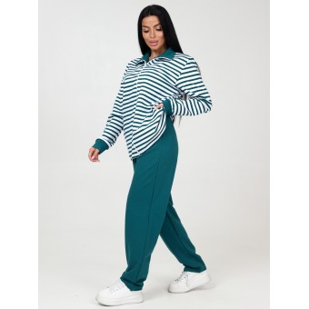 Костюм  женский       из футера    кофта с брюками   Изумрудный  Однотонное, Полоска