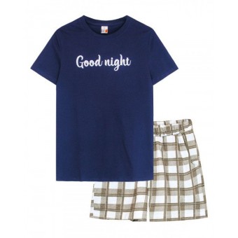 Пижама  женская       из кулирки    футболка с шортами   синяя  Надписи