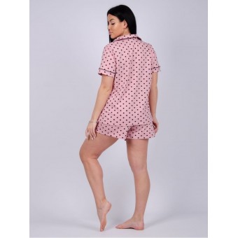 Пижама  женская       из кулирки   на пуговицах рубашка с шортами с коротким рукавом  розовая  Горох