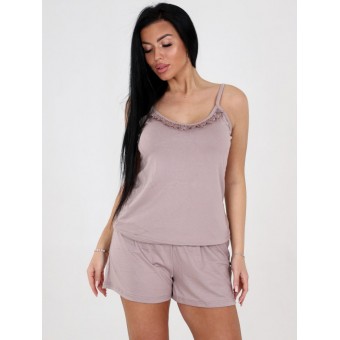 Пижама  женская       из вискозы    майка с шортами   бежевая  Кружево