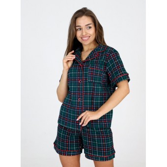 Пижама  женская       из кулирки   на пуговицах рубашка с шортами   зеленая  Клетка