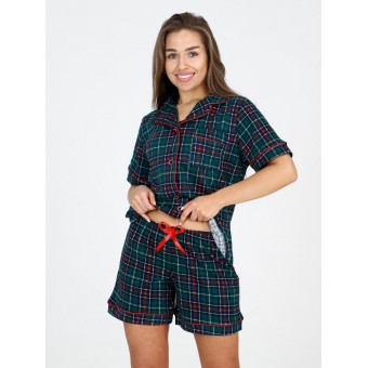 Пижама  женская       из кулирки   на пуговицах рубашка с шортами   зеленая  Клетка