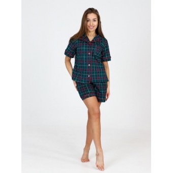 Пижама  женская       из кулирки   на пуговицах рубашка с шортами   зеленая  Клетка
