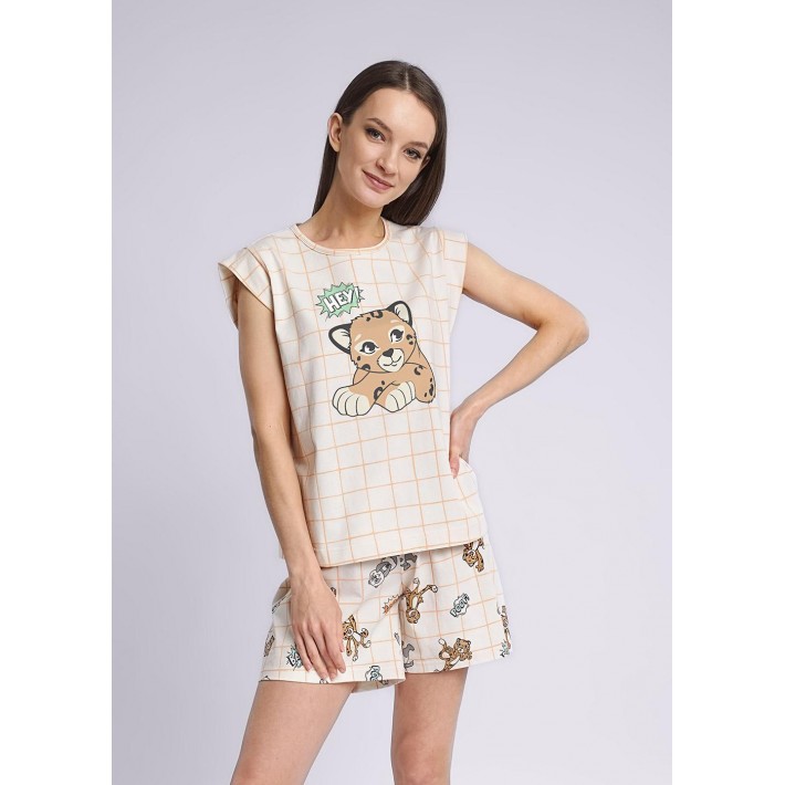 Комплект женский из кулирки футболка с шортами бежевый Животные
