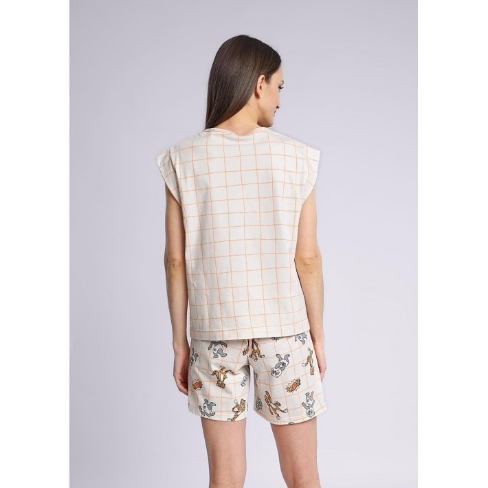 Комплект женский из кулирки футболка с шортами бежевый Животные