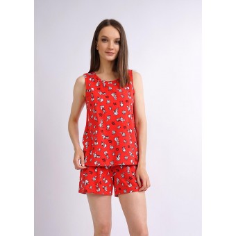 Комплект  женский       из кулирки    майка с шортами   красный  Животные   