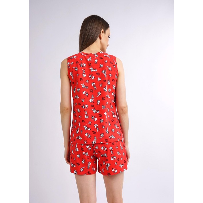 Комплект женский из кулирки майка с шортами красный Животные
