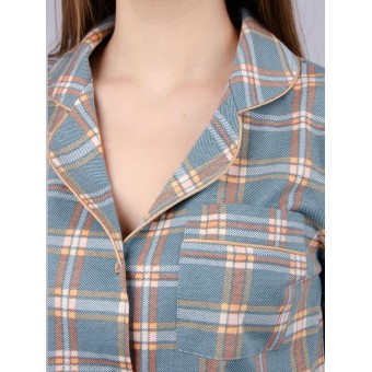 Пижама  женская       из кулирки   на пуговицах рубашка с шортами   зеленая  Клетка