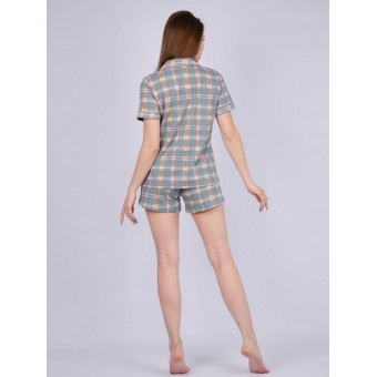 Пижама  женская       из кулирки   на пуговицах рубашка с шортами   зеленая  Клетка