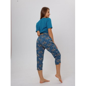 Костюм  женский       из кулирки    футболка с брюками   синий  Клетка Kuzina  