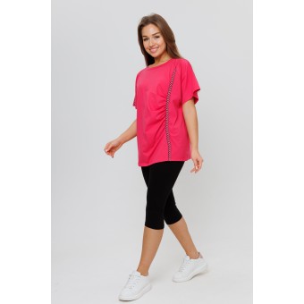 Костюм  женский       из кулирки    футболка с брюками с коротким рукавом  Розовый, Черный  однотонный Kuzina Одежда