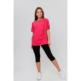 Костюм  женский       из кулирки    футболка с брюками с коротким рукавом  Розовый, Черный  однотонный Kuzina Одежда