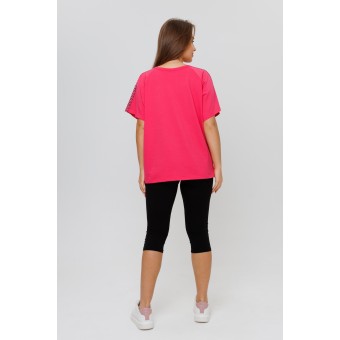 Костюм  женский       из кулирки    футболка с брюками с коротким рукавом  Розовый, Черный  однотонный Kuzina Одежда