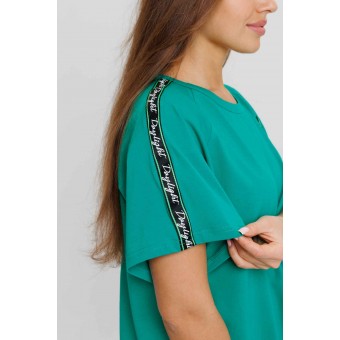 Костюм  женский       из кулирки    футболка с брюками с коротким рукавом  Зеленый, Черный  однотонный Kuzina