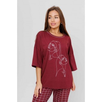 Костюм  женский       из кулирки    футболка с брюками с рукавом 3/4  красный  Принт Kuzina