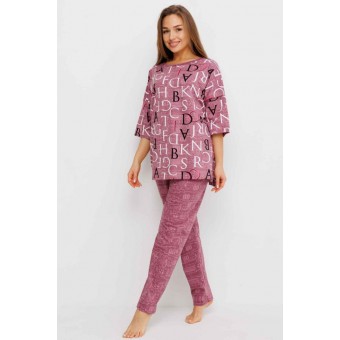 Костюм  женский       из кулирки    футболка с брюками с рукавом 3/4  розовый  Надписи Kuzina