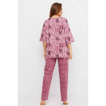 Костюм  женский       из кулирки    футболка с брюками с рукавом 3/4  розовый  Надписи Kuzina