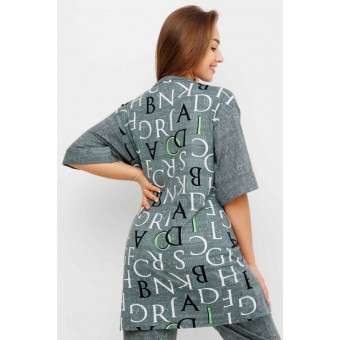 Костюм  женский       из кулирки    футболка с брюками с рукавом 3/4  зеленый  Надписи Kuzina