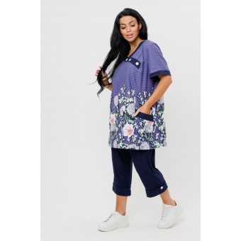 Костюм  женский       из кулирки    футболка с брюками   фиолетовый  Цветы Kuzina