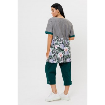Костюм  женский       из кулирки    футболка с брюками   Зеленый, Серый  Цветы Kuzina