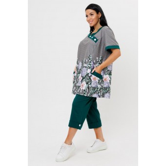 Костюм  женский       из кулирки    футболка с брюками   Зеленый, Серый  Цветы Kuzina