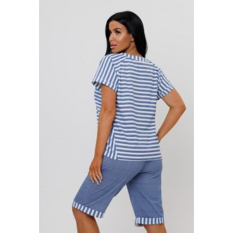 Костюм  женский       из кулирки    футболка с брюками   Белый, Голубой  Полоска Kuzina