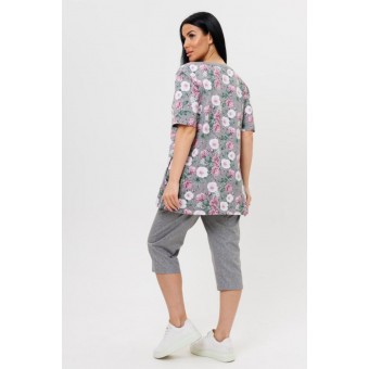 Костюм  женский       из кулирки    футболка с брюками   серый  Цветы Kuzina