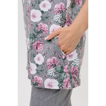 Костюм  женский       из кулирки    футболка с брюками   серый  Цветы Kuzina